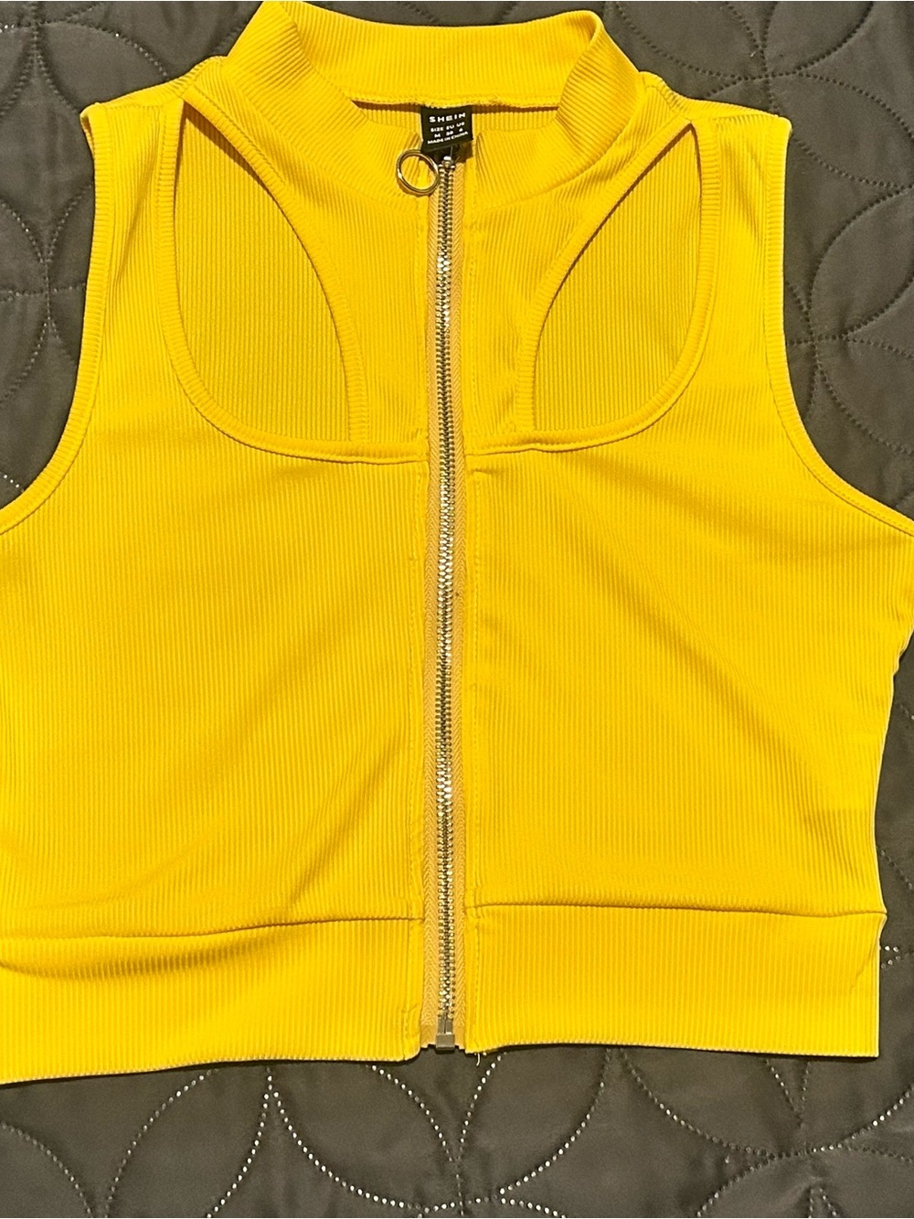 SHEIN Yellow Ribbed Zip-Front Cutout Crop Top